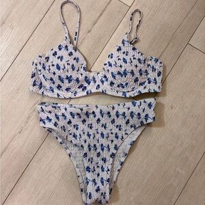 Blue Floral Smocked Bikini Set